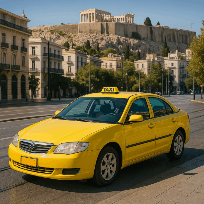 ένα κίτρινο ταξί στην Αθήνα με θέα την Ακρόπολη. Εικόνα που δημιουργήθηκε στο Sora AI